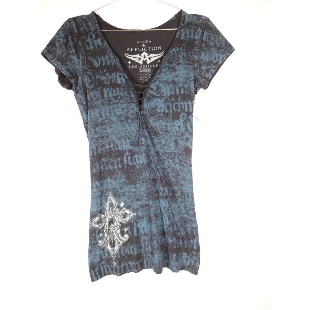 Affliction Graphic Tee Women LG Blue Black Angel Wings Y2K Grunge Biker